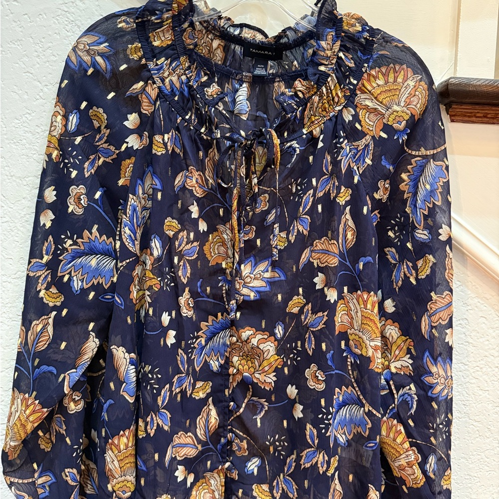 Chic Floral Ruffle Blouse in Blue and Gold